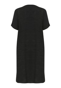 Robe noire courte avec des manches courtes, un col rond et une silhouette droite. Fabriquée en tissu léger avec une texture subtile.