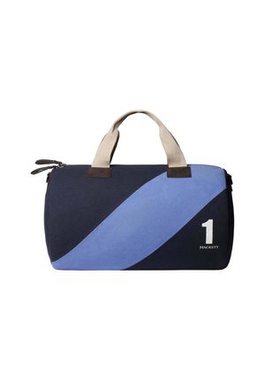 Sac polochon bleu marine et bleu clair avec un design à rayures diagonales, en textile, doté de deux anses en toile et d'une fermeture éclair. Présente un grand logo "1".