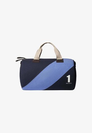 Bolsa de lona azul marino y azul claro con diseño de rayas diagonales, material textil, asas dobles de lona y cierre de cremallera. Presenta un gran logo con el número "1".