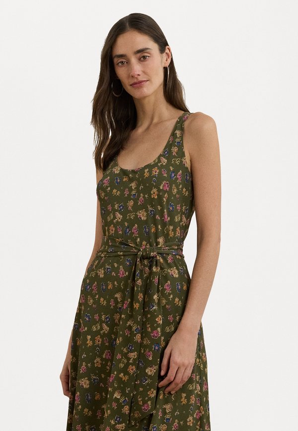 FLORAL BELTED CREPE SLEEVELESS DRESS - Day dress - olive