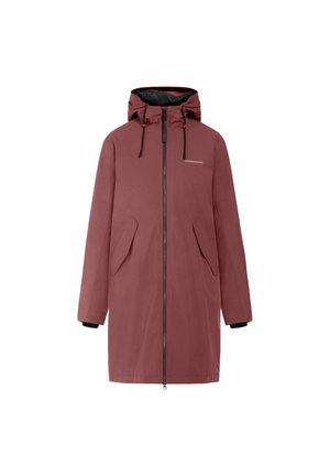 Lange roze waterdichte jas met capuchon, ritssluiting, twee grote voorzakken en elastische manchetten. Gladde buitenkant met een matte afwerking.