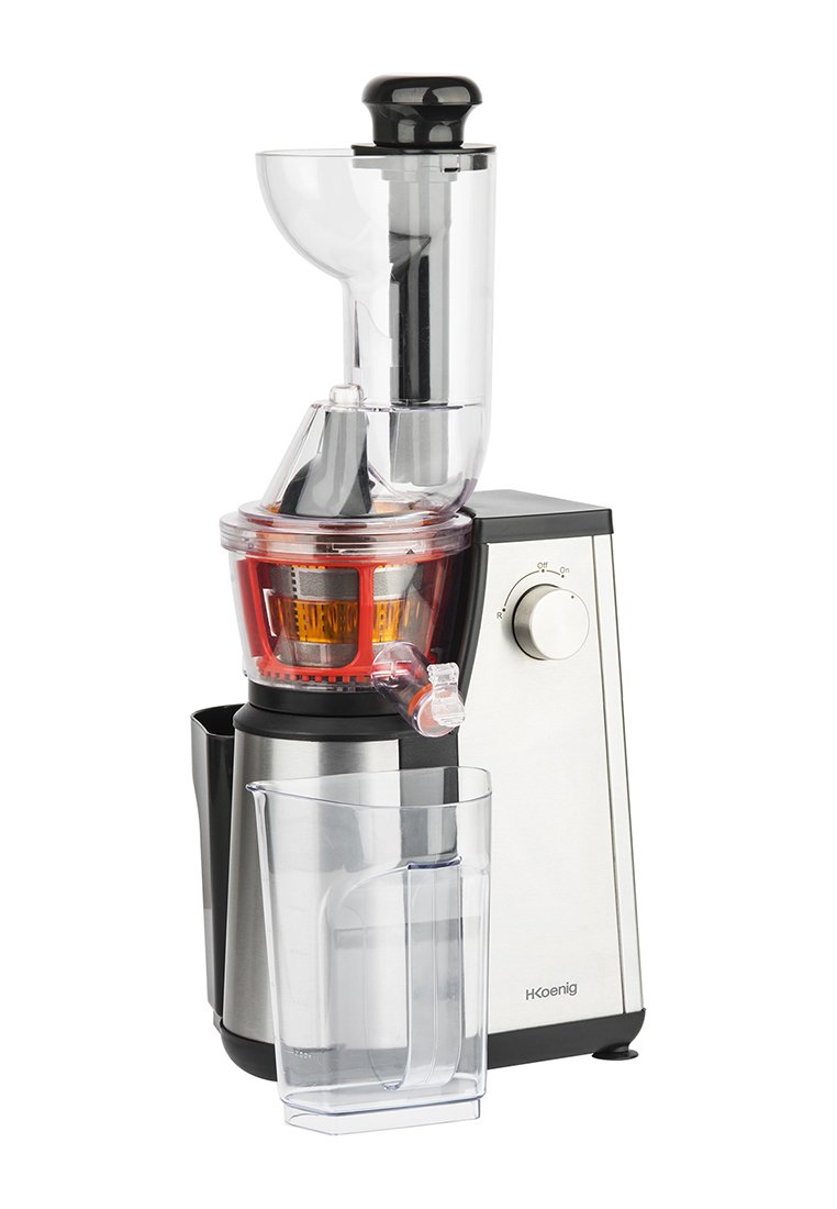 Entsafter mit Edelstahlgehäuse und transparenten Kunststoffteilen. Verfügt über einen klaren Behälter, schwarze Akzente und ein einfaches Bedienrad.