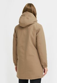 Braune isolierte Jacke mit einer Kapuze, die elastische Bündchen und einen längeren Rückendesign aufweist. Glatte Textur und minimalistischer Stil.