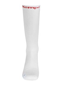 Calzini sportivi bianchi Kempo al ginocchio con texture a coste e logo rosso sulla parte superiore. Presentano una punta e un tallone rinforzati per una maggiore durata.