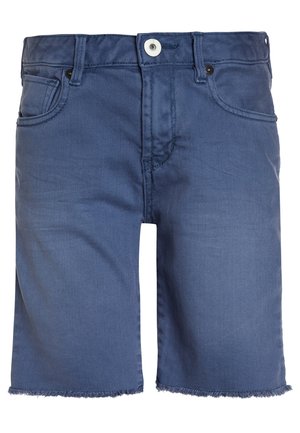 Blå denimshorts med knap foran, lynlås, bæltestropper og design med tre lommer, med frynset kant.