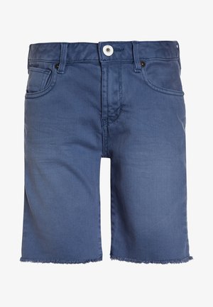 Blå denimshorts med knap foran, lynlås, bæltestropper og design med tre lommer, med frynset kant.
