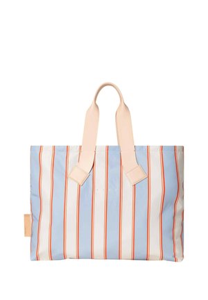 Grande borsa a tracolla rettangolare con strisce verticali blu, bianche e arancioni e due manici corti beige.