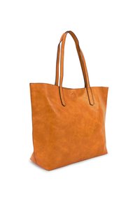 Grote oranje leren tote bag met twee lange handvatten, gladde textuur en minimalistisch ontwerp. Geen zichtbare hardware of versieringen.