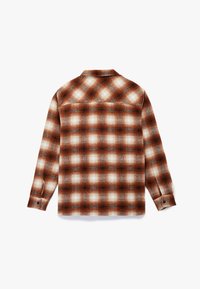 Flanellen shirt, achterkant. Heeft een ruitpatroon in bruin, crème en blauw. Lange mouwen en een klassieke kraagontwerp. Zachte textuur.