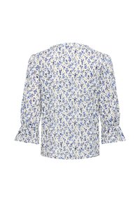 Blouse blanche à imprimé floral bleu, manches trois-quarts bouffantes et poignets volantés, vue de dos sur fond blanc.