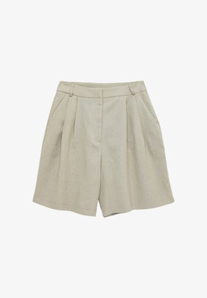 Pantaloncini beige a vita alta con pieghe frontali, tasche laterali, passanti per cintura e chiusura frontale con zip nascosta.