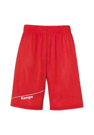 Rode mesh sportshorts met een elastische tailleband, voorzien van een witte accentlijn en het "Kempa" logo in het wit gedrukt.