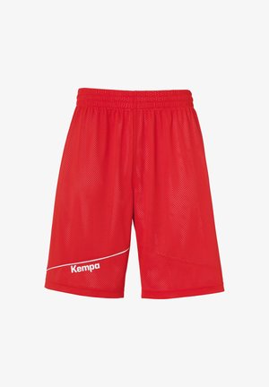 Rode mesh sportshorts met een elastische tailleband, voorzien van een witte accentlijn en het "Kempa" logo in het wit gedrukt.