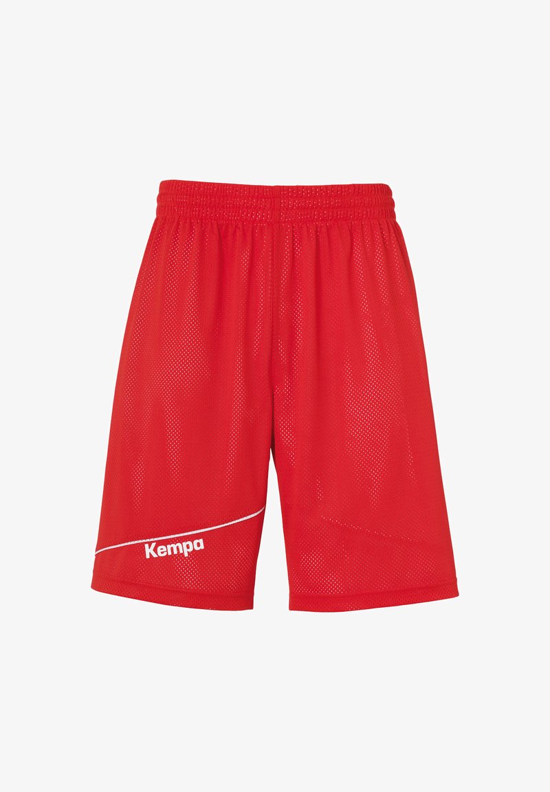 Rote Netz-Sportshorts mit elastischem Bund, versehen mit einer weißen Akzentlinie und dem in Weiß gedruckten "Kempa"-Logo.