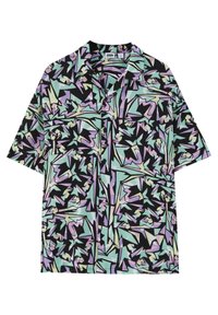 Chemise à manches courtes avec boutons et motif géométrique abstrait en noir, vert pastel, violet et jaune.