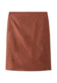 Brauner Stoff-Minirock mit verstreuten weißen Perlenverzierungen, mit geradem Design und sauberen Kanten, ohne sichtbare Verschlüsse.