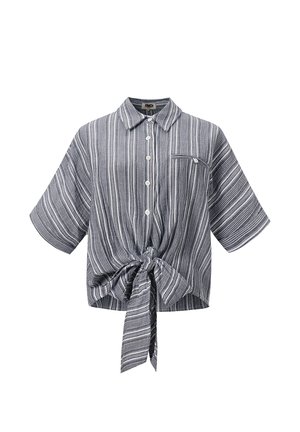 Chemise à manches courtes boutonnée avec des rayures verticales blanches et grises, une poche poitrine avant et un nœud noué à la taille.