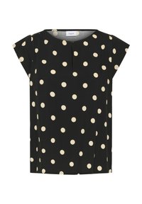 Blouse noire à manches courtes avec des pois crème. Présente un col rond avec une petite ouverture à l'avant. Fabriquée en tissu doux et lisse.
