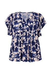 Dunkelbluse und cremefarbige gemusterte Bluse mit V-Ausschnitt, kurzen Ärmeln und plissiertem Design, aus leichtem Stoff gefertigt.