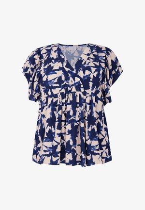 Blouse à motifs bleu marine et crème avec un col en V, des manches courtes et un design plissé, fabriquée en tissu léger.