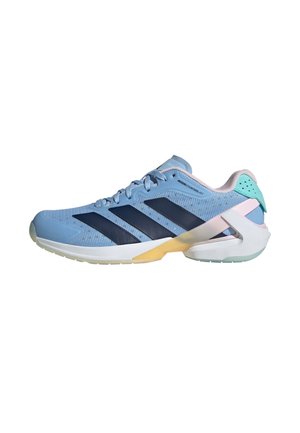 Light blue athletic shoe with navy stripes, mesh upper, padded collar, and a translucent sole featuring a yellow accent and a mint green heel.