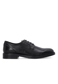 Schwarze Leder-Halbschuhe mit runder Zehenform, Schnürung und niedrigem, gestapeltem Absatz. Glatte Oberfläche mit minimaler Ausarbeitung.