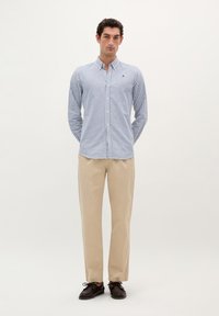 Button-down Hemd mit blauen und weißen vertikalen Streifen, langen Ärmeln, kombiniert mit beigen Hosen und dunkelbraunen Schuhen. Schlichtes Design, lässige Passform.
