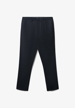 Pantalon bleu marine avec une texture lisse, featuring des plis avant, une coupe droite et des poches latérales. Style classique et ajusté.