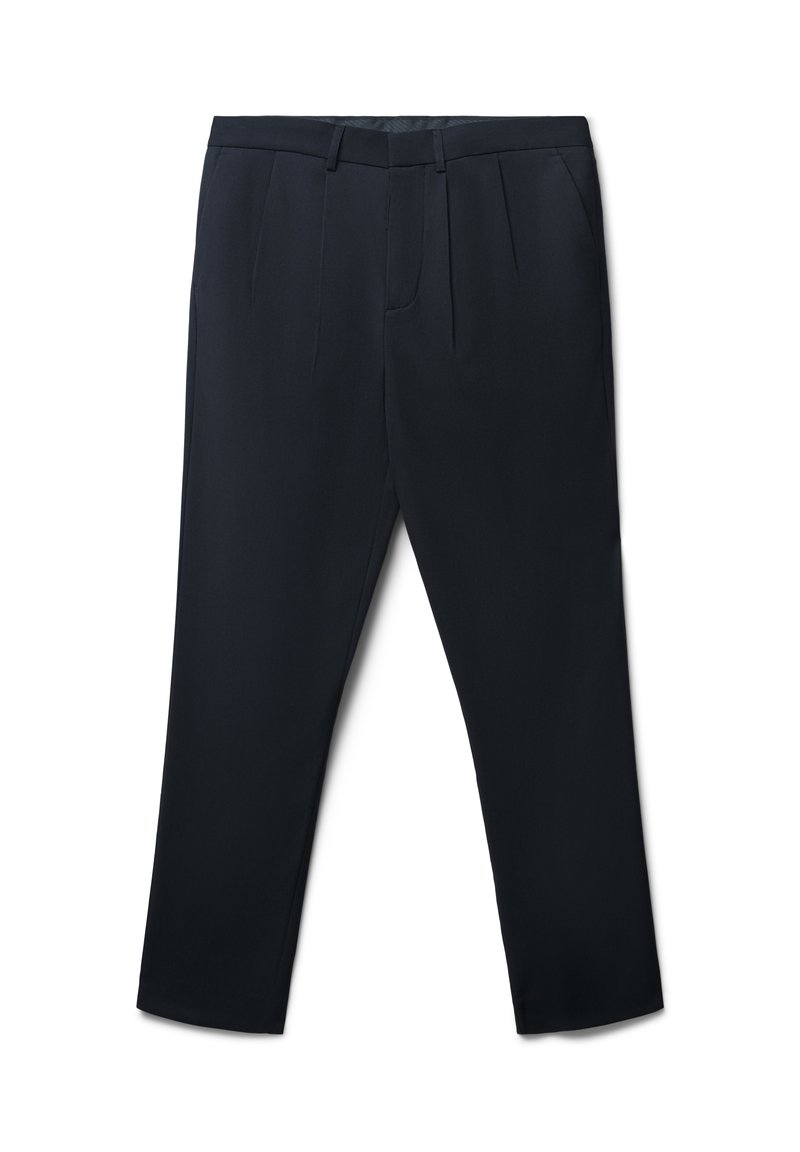 Pantaloni navy con una texture liscia, caratterizzati da pieghe frontali, design a gamba dritta e tasche laterali. Stile classico su misura.