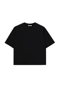T-shirt noir court en coton, avec un col rond, des manches courtes et une texture lisse sans motifs ni accents visibles.