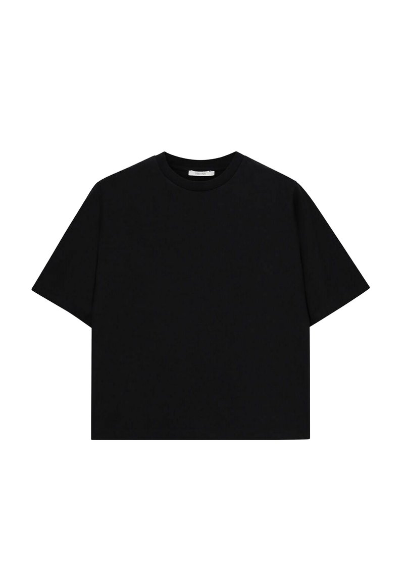 T-shirt noir court en coton, avec un col rond, des manches courtes et une texture lisse sans motifs ni accents visibles.