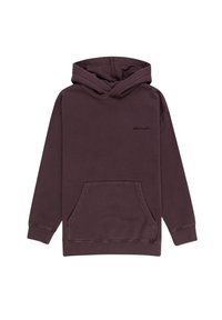 Paarse hoodie gemaakt van een zachte katoenmix; heeft een voorzak en een klein, subtiel logo op de borst.