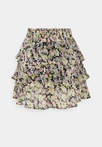 Gonna a strati floreale con fascia elastica in rosa pastello, giallo e verde su uno sfondo nero, caratterizzata da tessuto sovrapposto trasparente.