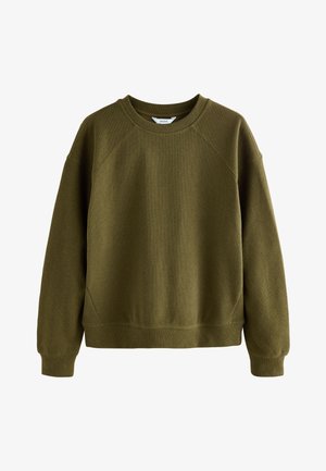 Felpa verde oliva a maniche lunghe con collo rotondo, polsini e orlo a costine, vestibilità rilassata e dettagli di cuciture sulle spalle e sui lati.