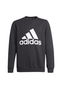Sudadera negra hecha de una mezcla de algodón, con un gran logo blanco de Adidas en la parte delantera, cuello redondo y puños y dobladillo de canalé.