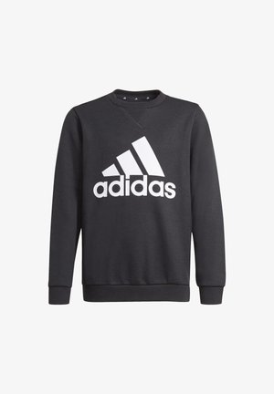 Sudadera negra hecha de una mezcla de algodón, con un gran logo blanco de Adidas en la parte delantera, cuello redondo y puños y dobladillo de canalé.
