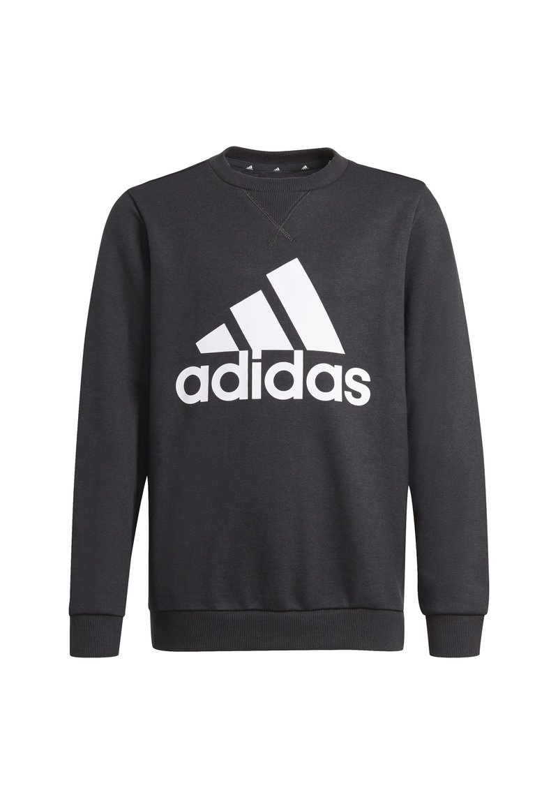 Sudadera negra hecha de una mezcla de algodón, con un gran logo blanco de Adidas en la parte delantera, cuello redondo y puños y dobladillo de canalé.