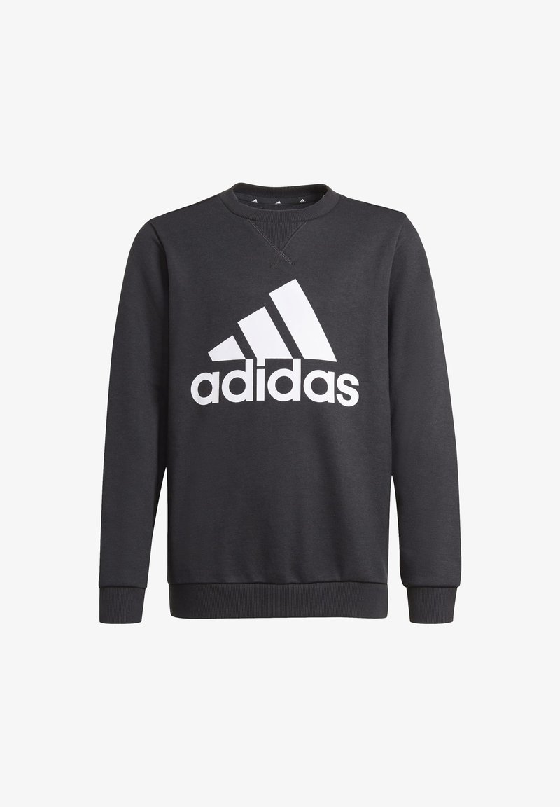 Sudadera negra hecha de una mezcla de algodón, con un gran logo blanco de Adidas en la parte delantera, cuello redondo y puños y dobladillo de canalé.