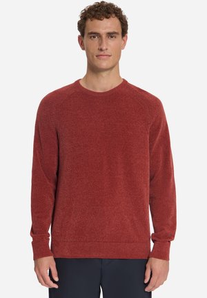 Man met krullend haar, gekleed in een effen rustkleurige trui met ronde hals en donkere broek, staand tegen een witte achtergrond.