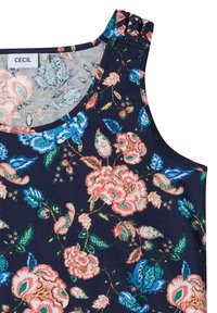 Navy blue sleeveless top with pink and blue floral pattern and braided straps, showing brand label "Cecil" inside neckline.