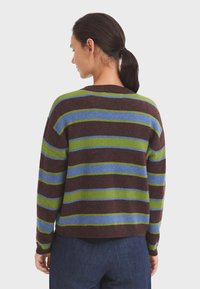 Pull rayé avec des teintes marron, vert et bleu. Caractérisé par une coupe décontractée, des poignets côtelés et un col rond. Texture douce.
