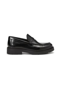 Schwarze Lederloafers mit glatter Oberfläche, schlankem Design, kontrastierenden Nähten und einer dicken Gummisohle für Grip und Langlebigkeit.
