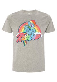 Grå bomulds t-shirt med et farverigt grafisk motiv af en tegneserieponny med multikolorert man og teksten "Følg din egen regnbue."