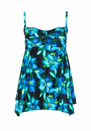 Vestido con estampado floral azul y verde, con tirantes finos, escote corazón y un dobladillo fluido y asimétrico.