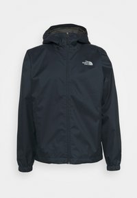 Schwarze, kapuzenförmige, wasserdichte Jacke mit Frontreißverschluss und dem The North Face Logo auf der Brust, elastischen Bündchen und hohem Kragen.