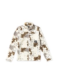 Veste en polaire crème avec un motif camouflage brun et gris. Col montant, fermeture éclair intégrale à l'avant et deux poches latérales avec bord blanc.
