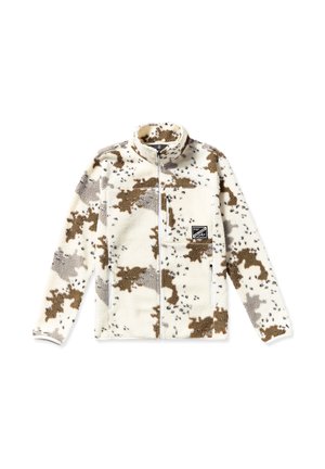 Creme fleece jakke med camouflage mønster i brun og grå. Høj krave, fuld lynlås foran og to sidelommer med hvid kant.