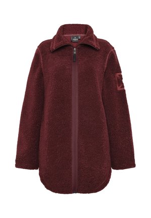 Bordeauxfarbene Fleecejacke mit hohem Kragen, Reißverschluss, überschnittenen Schultern und einer strukturierten, weichen Oberfläche. Enthält ein Logo-Patch am Ärmel.