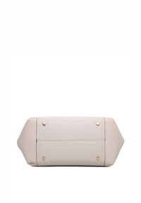Borsa beige con forma rettangolare, caratterizzata da una superficie testurizzata, materiali in pelle e tela, e dettagli in metallo color oro.