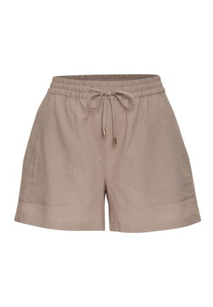 Beige casual shorts with elastic waistband, drawstring tie with metal tips, and front patch pockets, made of lightweight textured fabric.